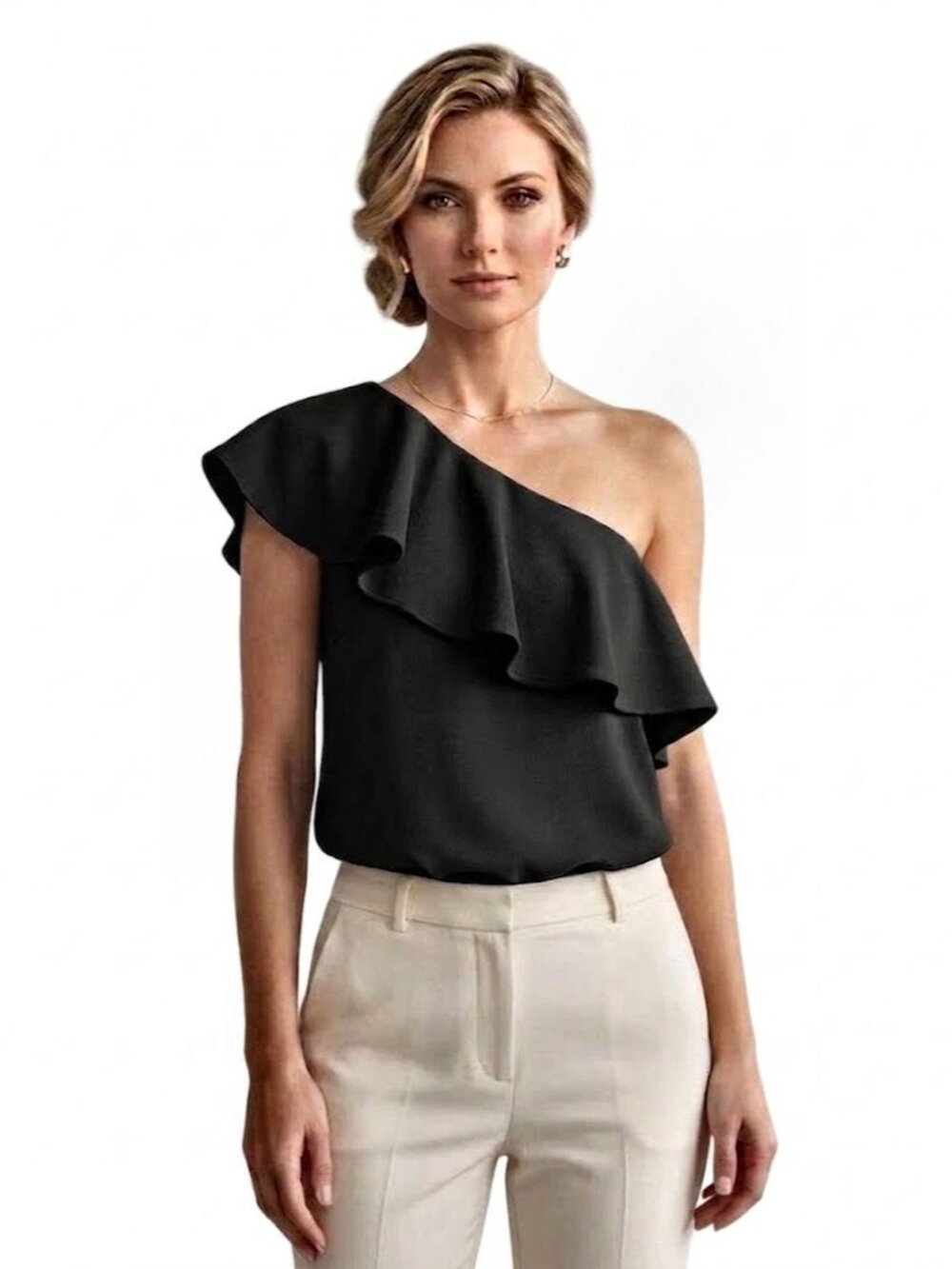 Pleione Asymmetrical One Shoulder Top with Bust Ruffle, Black, Womens Size Large